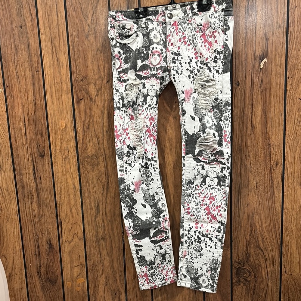 Vintage Machine Abstract Print Skinny ripped Jeans